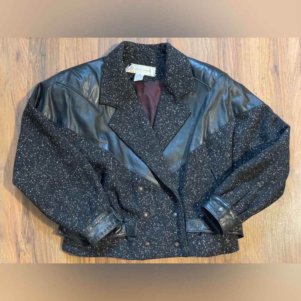 Vintage David Benjamin Jacket Leather Wool Tweed Black Bat-Wing Sleeve Size 9